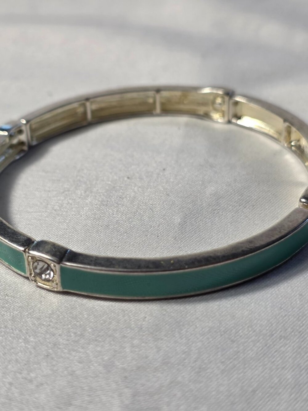 Premier Designs Silver Tone Teal Enamel Stretch Bracelet White Rhinestones